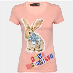 Love Moschino Pink T-Shirt with Printed Bunny & Bow Detail, SIZE 8